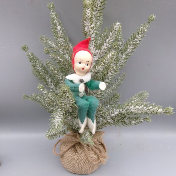 Green Poseable Pixie Elf Ornament, Paper Mache or Composite Face, Vtg Christmas - Picture 1 of 6